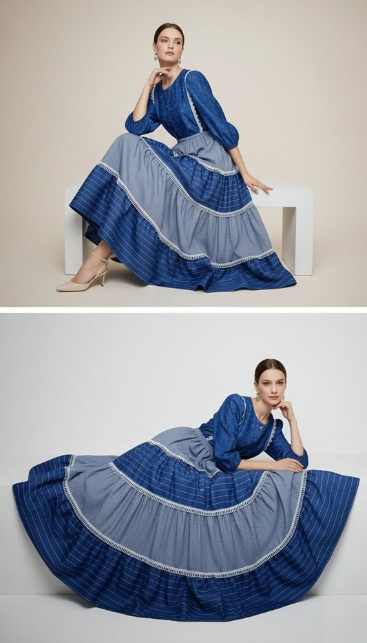 💙Handmade Stitched 2pc Blue Shirt & Tiered Skirt Set with Lace