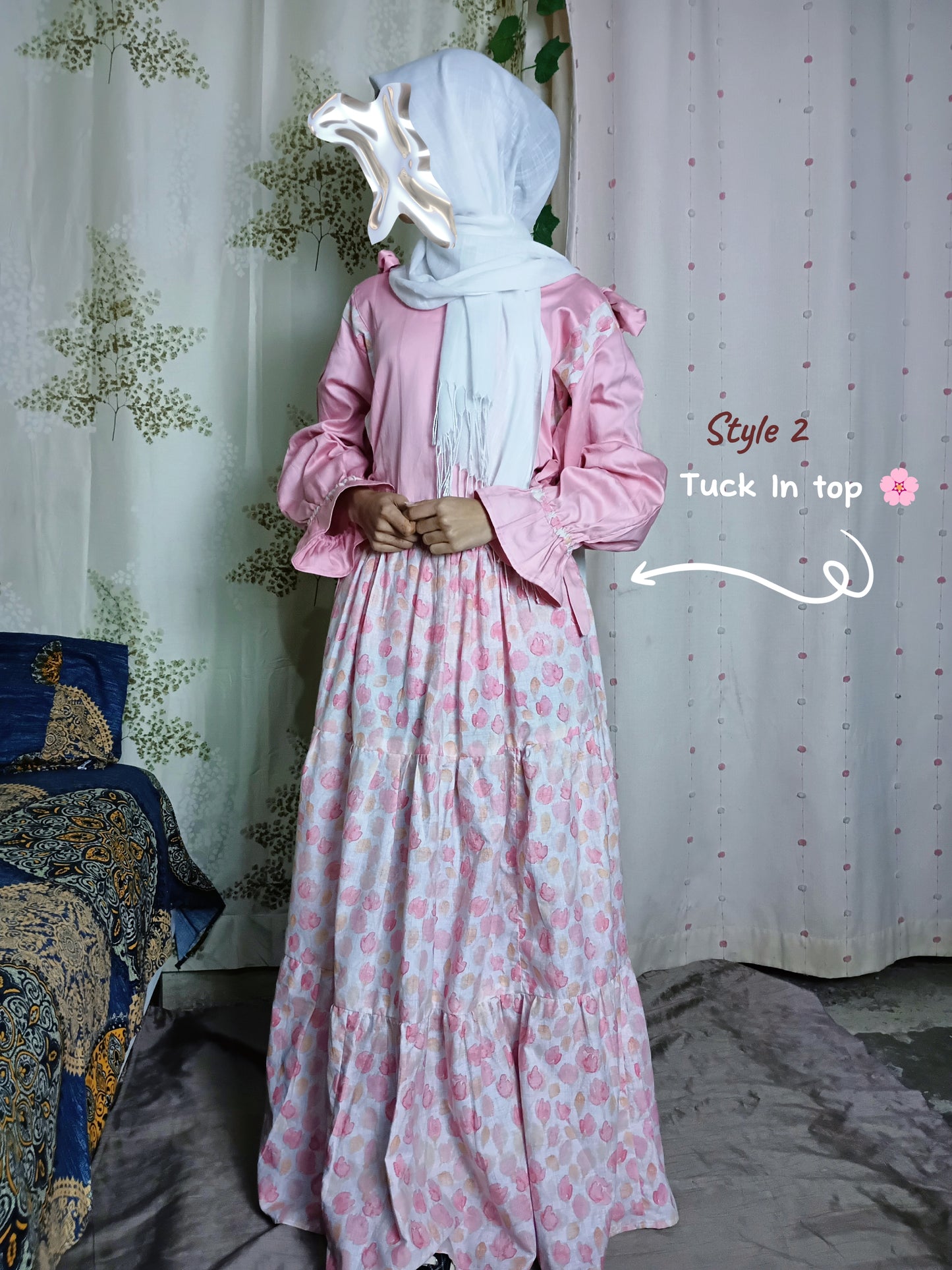 🌸 Pink Floral 3 layer tiered Skirt & Fully Strap Shirt Set (Handmade)