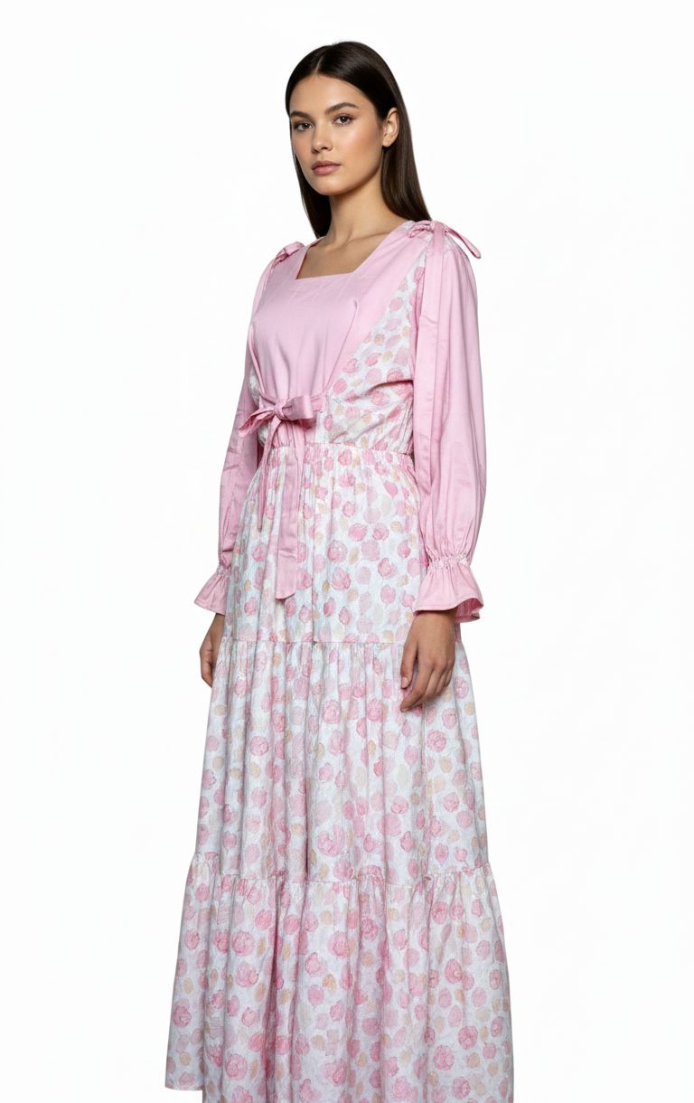 🌸 Pink Floral 3 layer tiered Skirt & Fully Strap Shirt Set (Handmade)