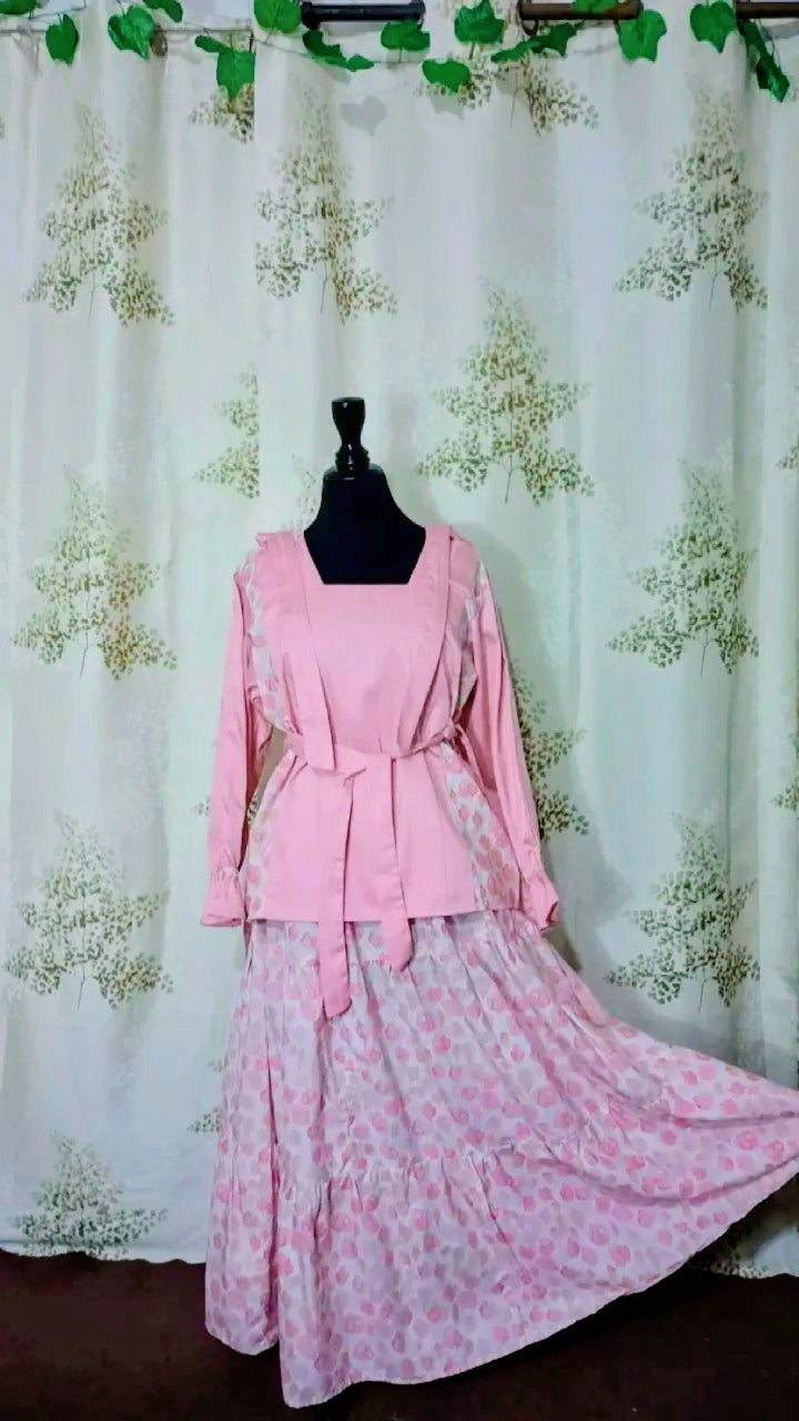 🌸 Pink Floral 3 layer tiered Skirt & Fully Strap Shirt Set (Handmade)