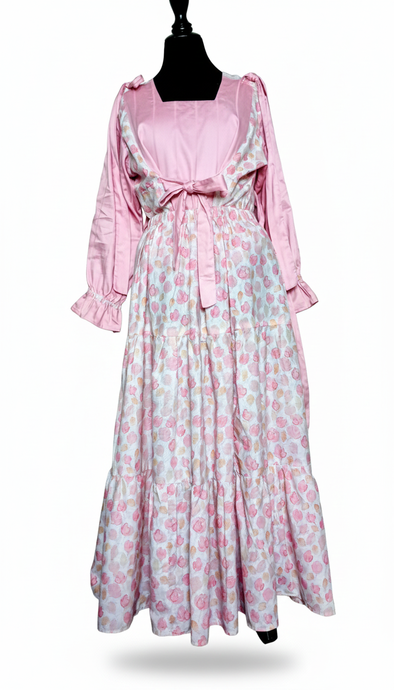 🌸 Pink Floral 3 layer tiered Skirt & Fully Strap Shirt Set (Handmade)