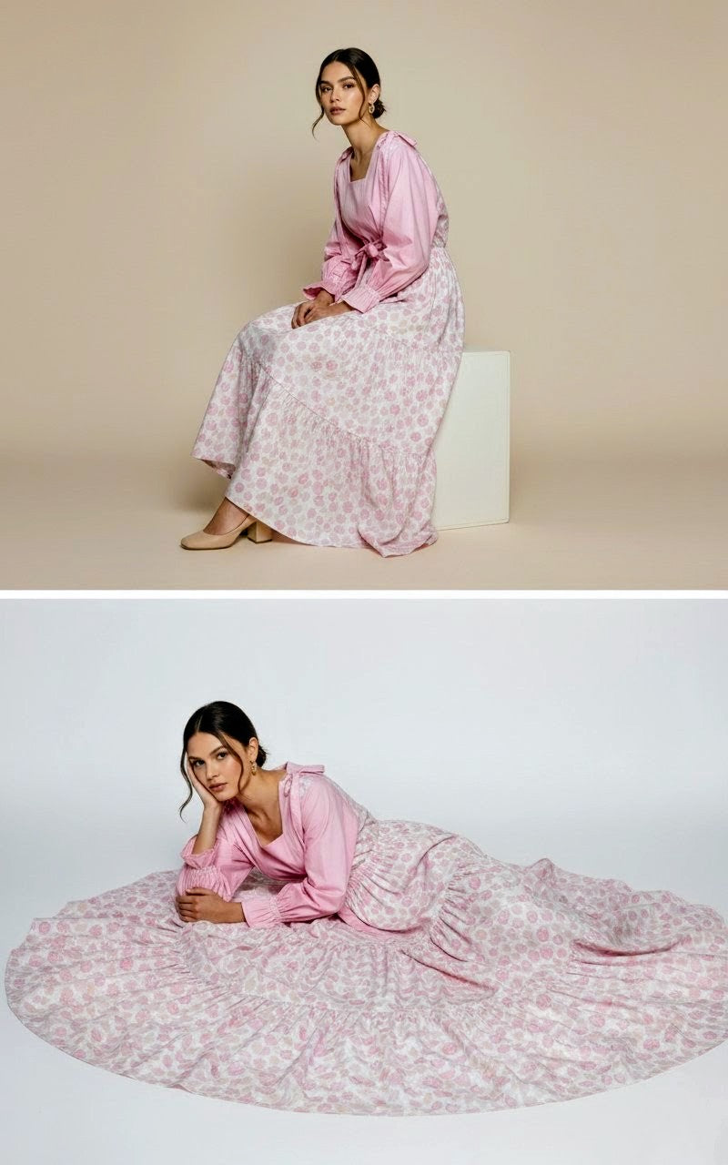 🌸 Pink Floral 3 layer tiered Skirt & Fully Strap Shirt Set (Handmade)