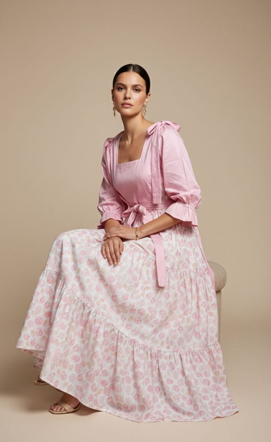 🌸 Pink Floral 3 layer tiered Skirt & Fully Strap Shirt Set (Handmade)