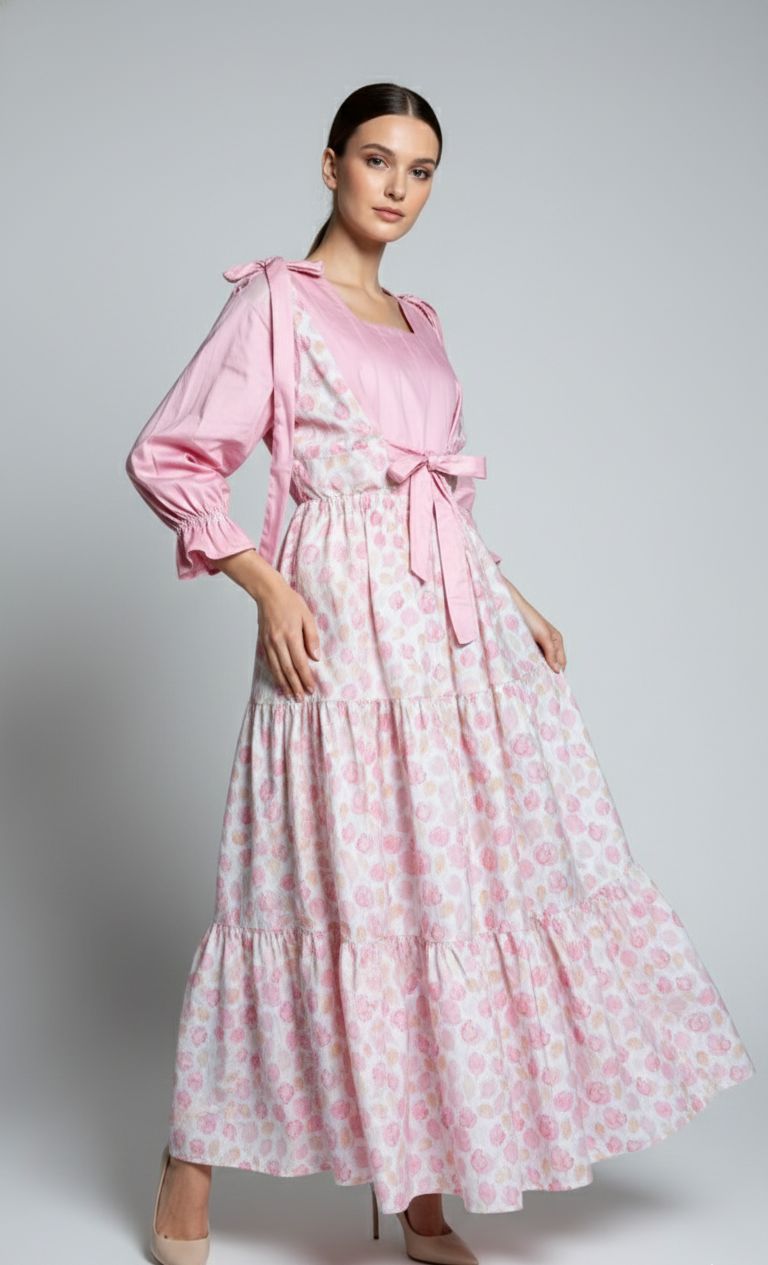 🌸 Pink Floral 3 layer tiered Skirt & Fully Strap Shirt Set (Handmade)