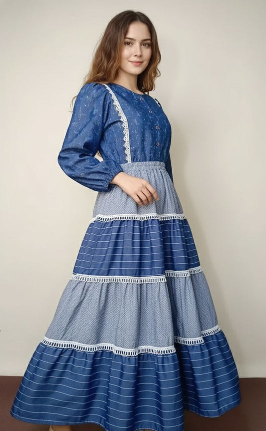 💙Handmade Stitched 2pc Blue Shirt & Tiered Skirt Set with Lace