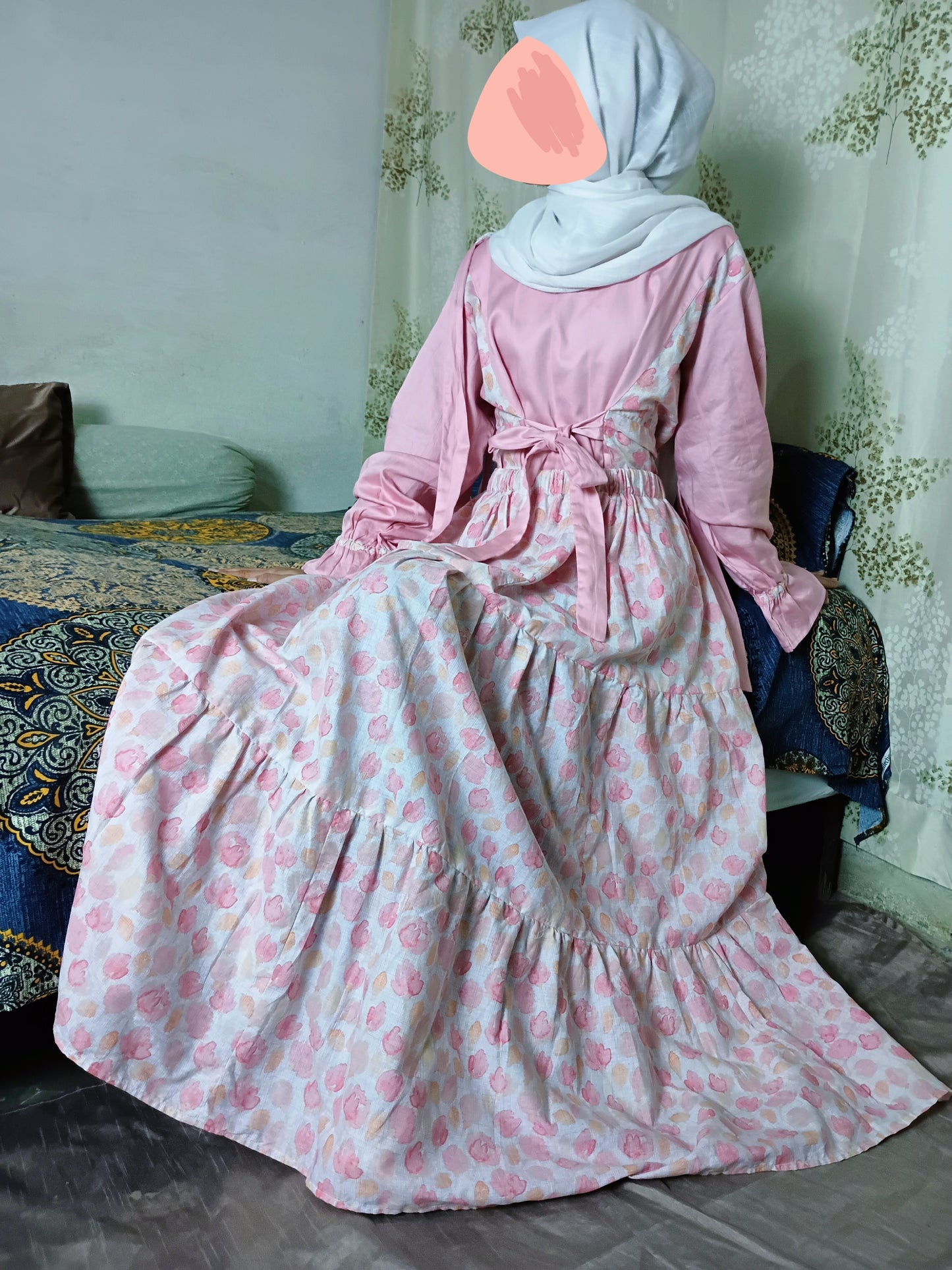 🌸 Pink Floral 3 layer tiered Skirt & Fully Strap Shirt Set (Handmade)