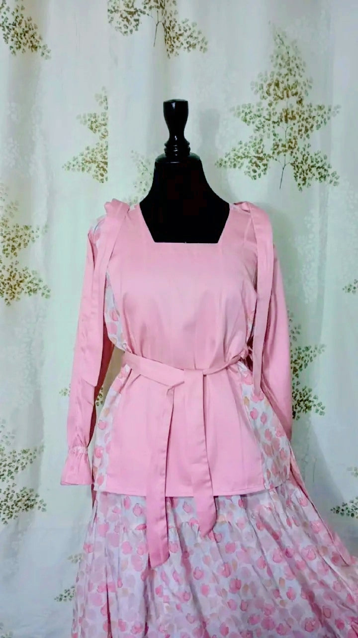 🌸 Pink Floral 3 layer tiered Skirt & Fully Strap Shirt Set (Handmade)