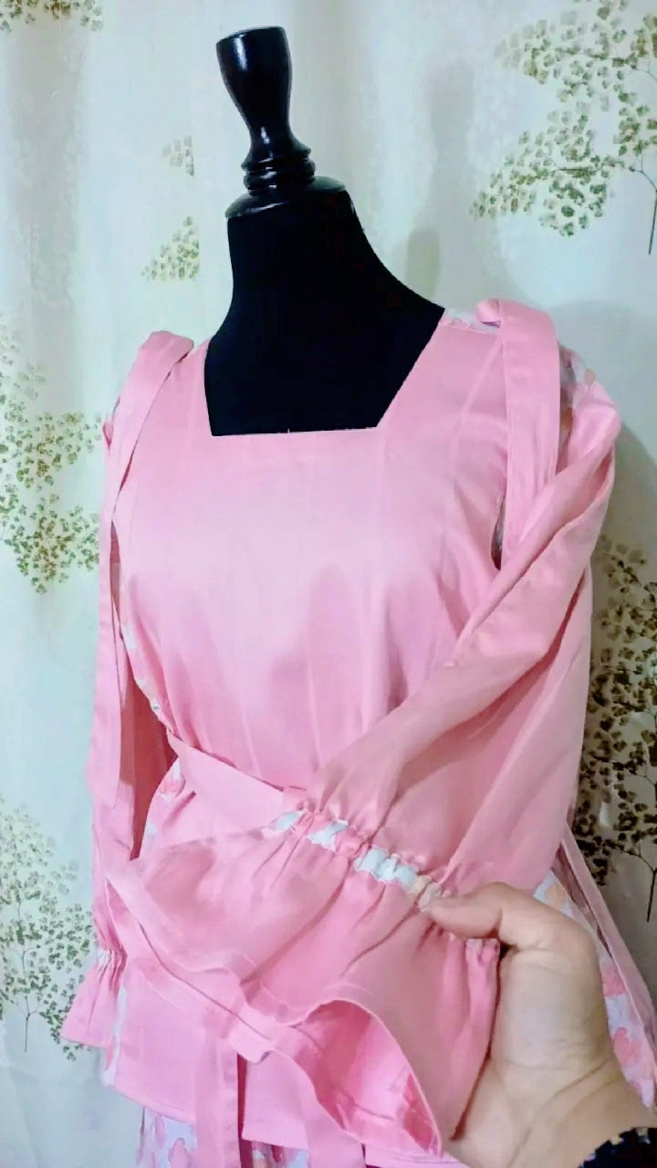 🌸 Pink Floral 3 layer tiered Skirt & Fully Strap Shirt Set (Handmade)