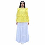 Lemon yellow ruffled top with 3 layered white skirt