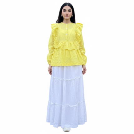 Lemon yellow ruffled top with 3 layered white skirt