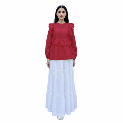 Carrot Red Ruffled Peplum Top & Tiered White Skirt