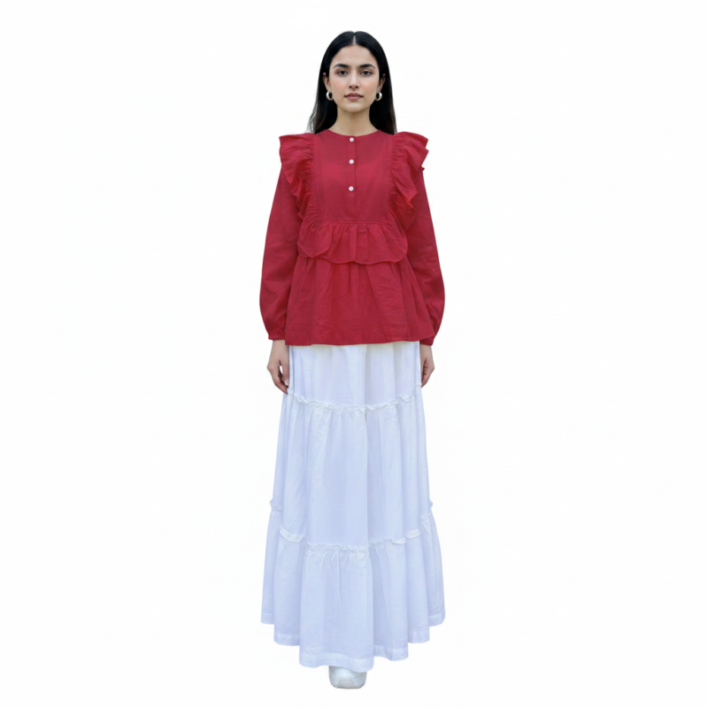Carrot Red Ruffled Peplum Top & Tiered White Skirt